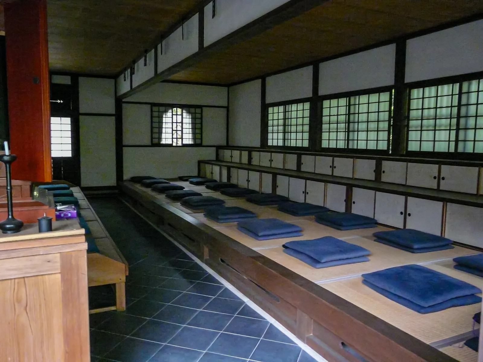A zazen hall, cushions set out