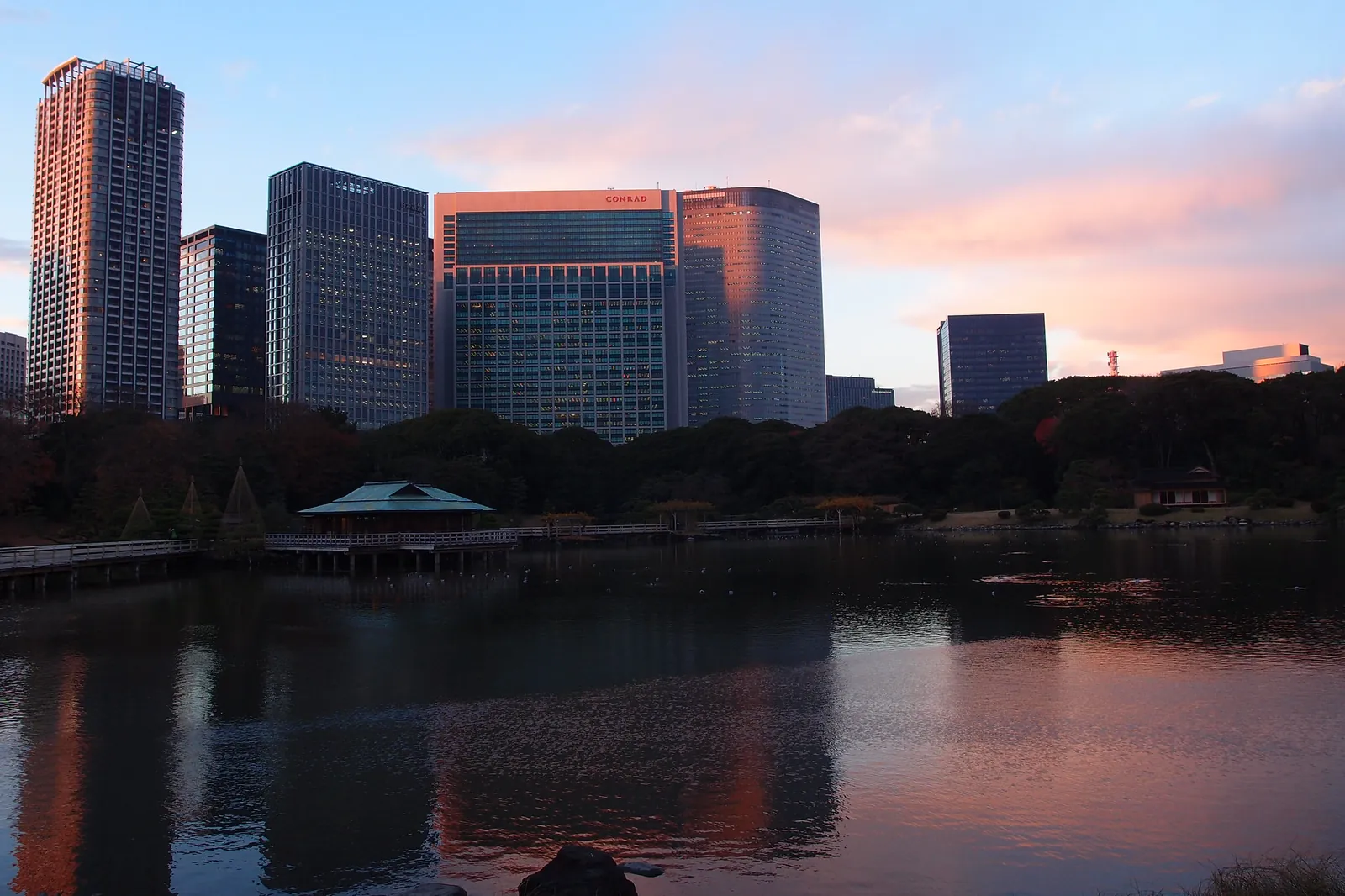 The tea house at dusk, as the towers catch the last light