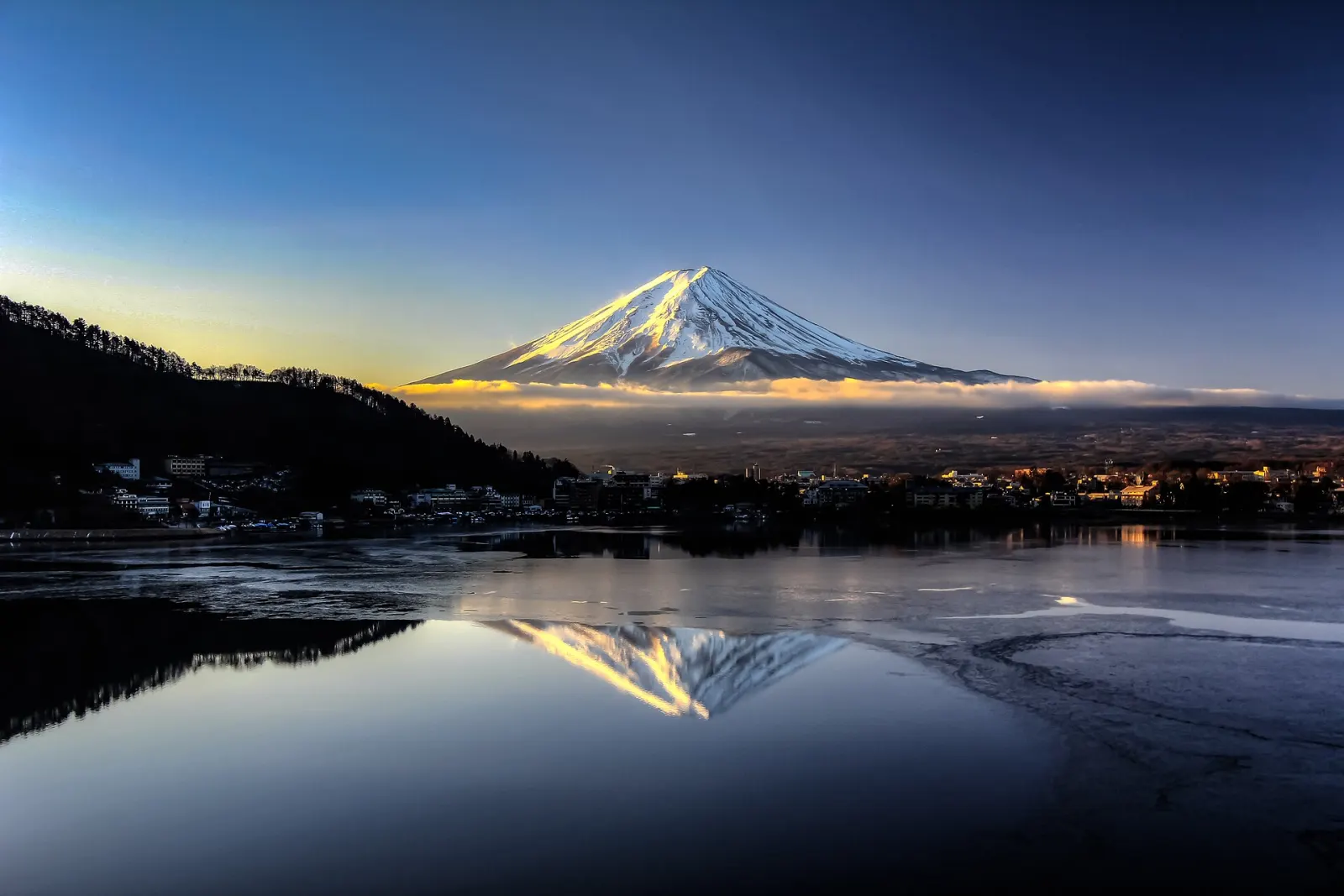 Fuji mirrored in Lake Kawaguchi in the early morning