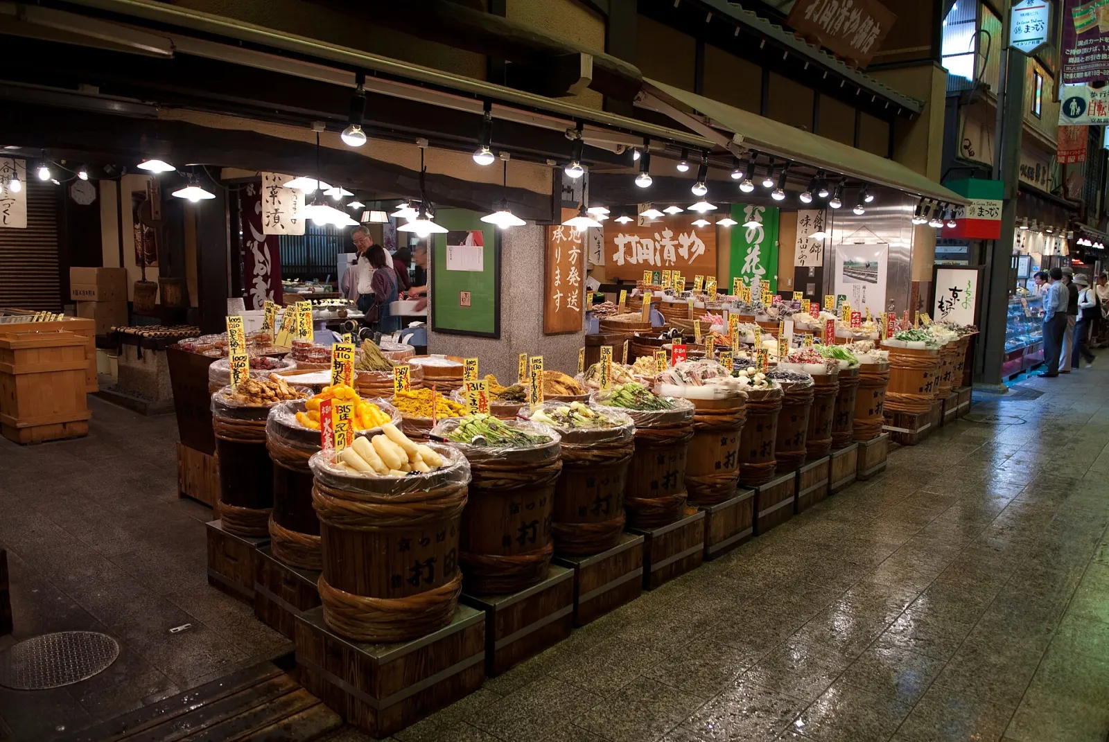 A pickle shop in Nishiki Market, barrels out front