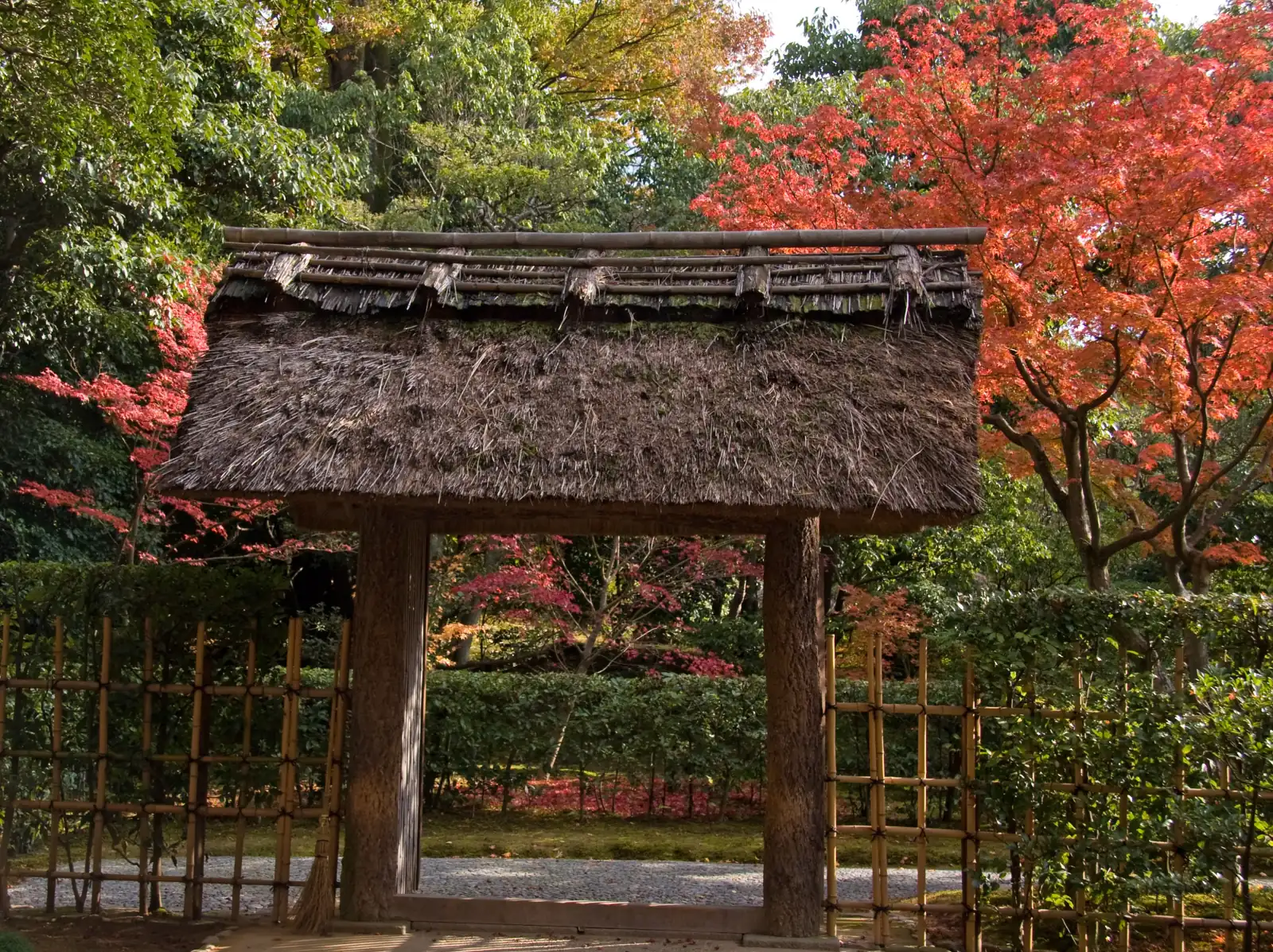 A thatched gate and bamboo fence at Katsura
