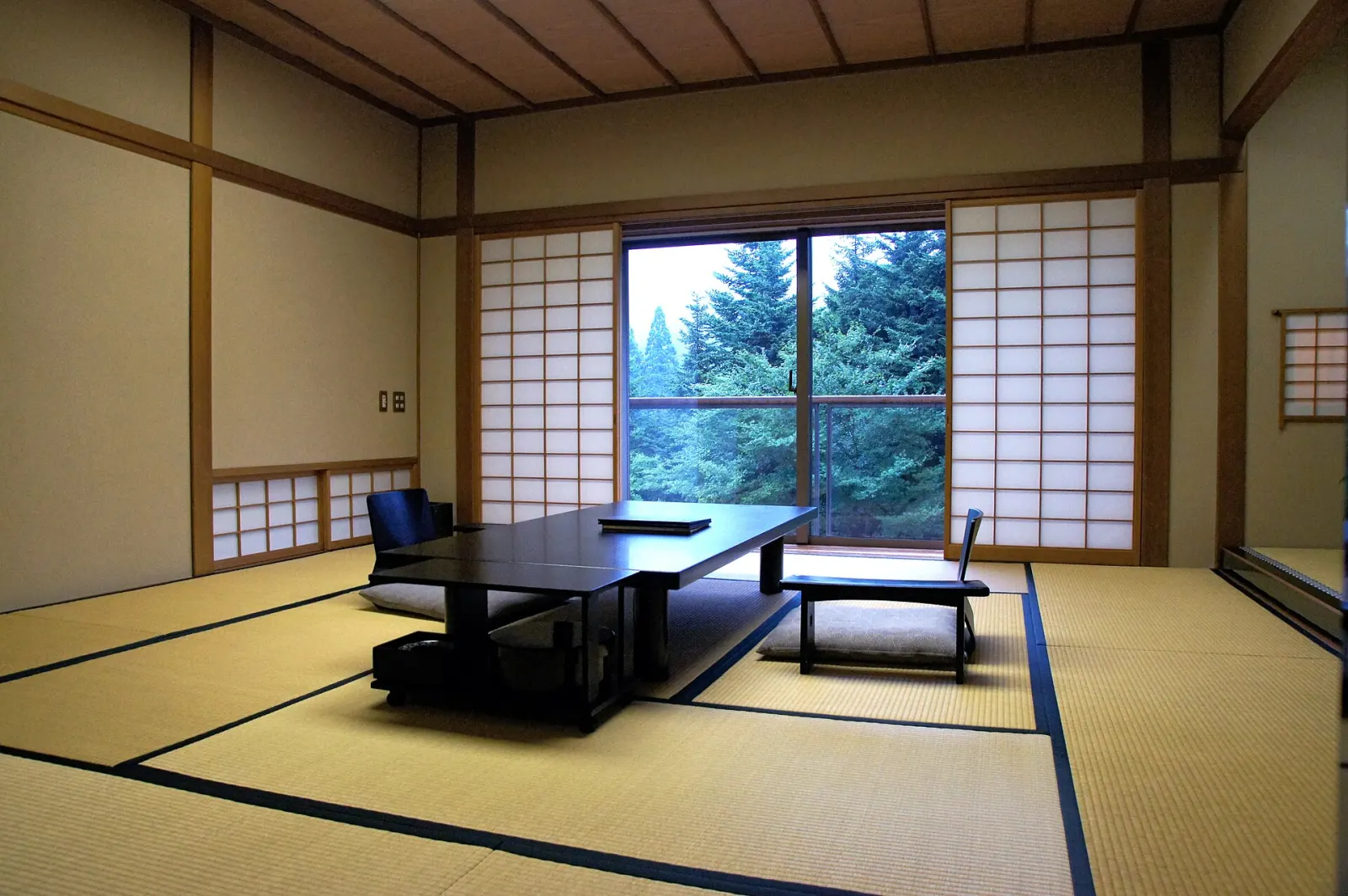A tatami room with a low table and a window onto trees