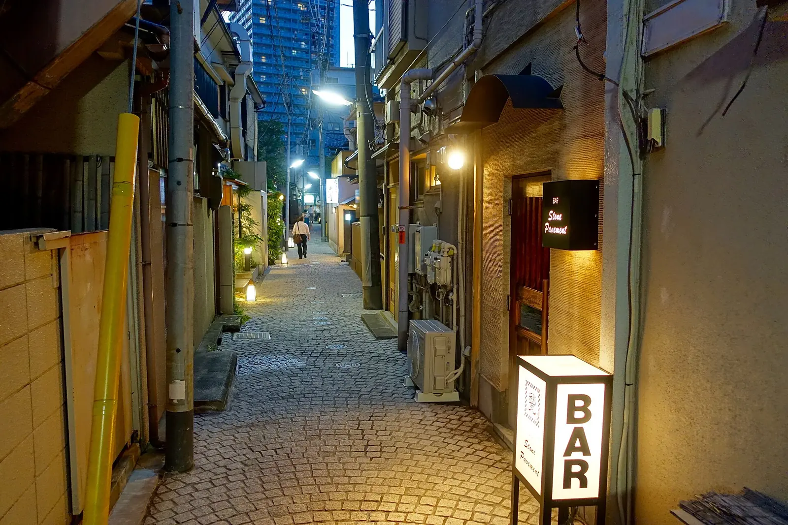 A lane barely wider than two people, at dusk