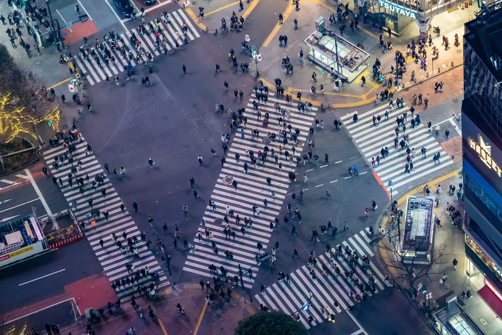 Shibuya Crossing from above at dusk: every light turns green at once