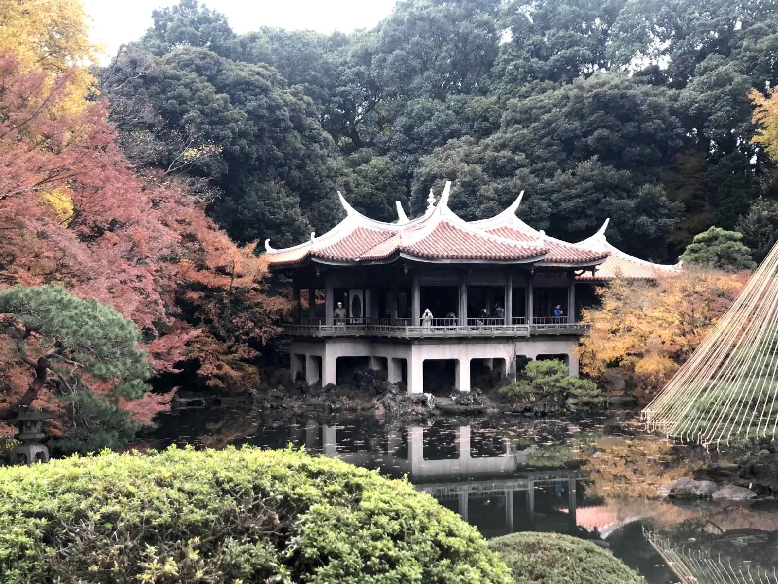 The Taiwan pavilion reflected in the pond, maples turning around it