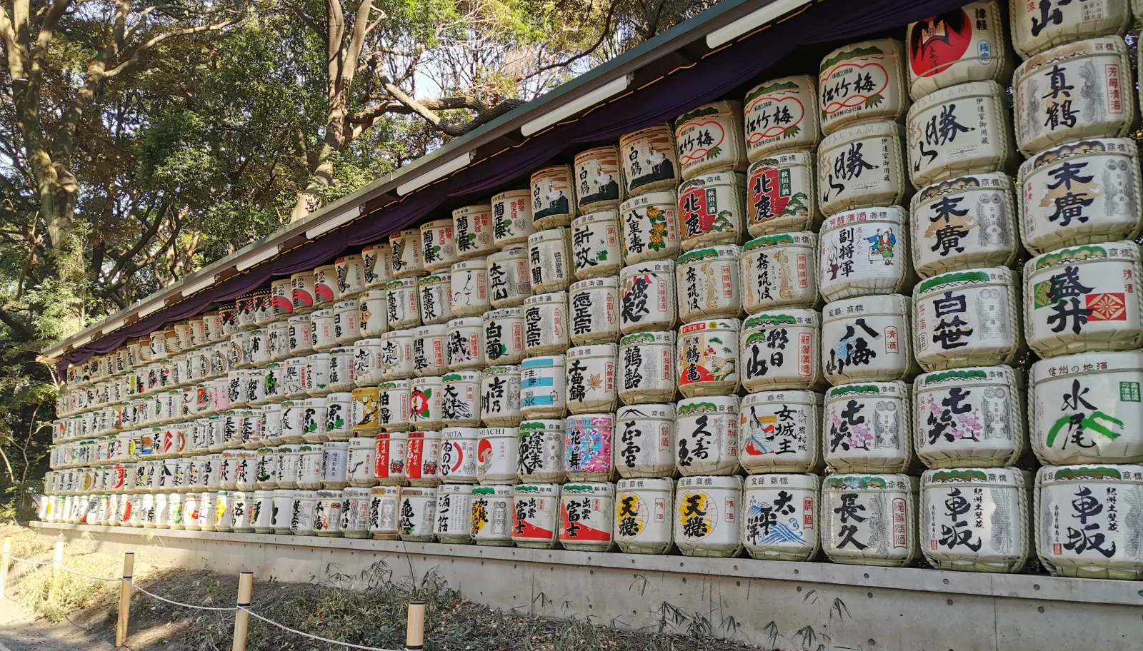 The wall of sake barrels on the forest approach