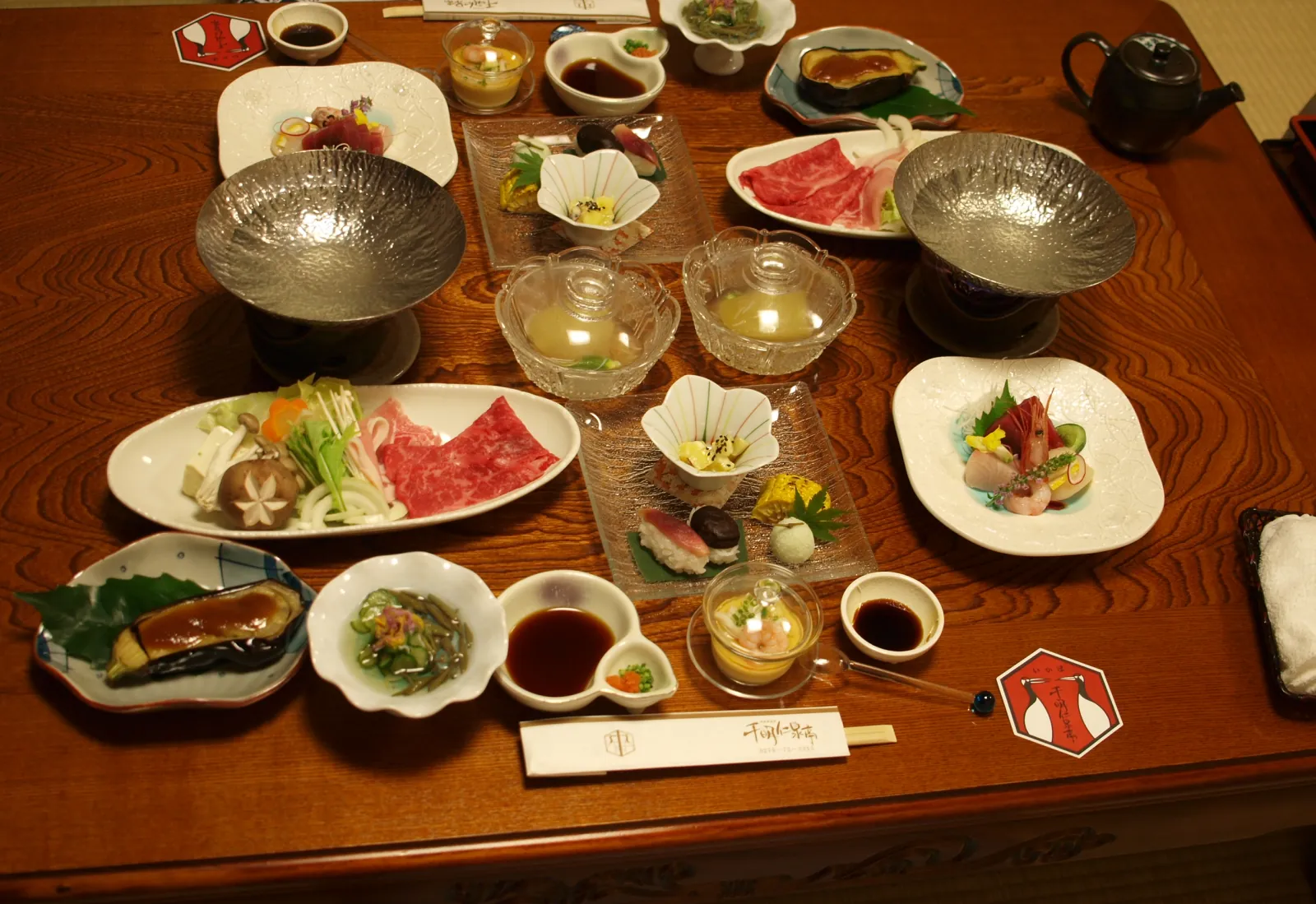 A kaiseki dinner laid out in the room
