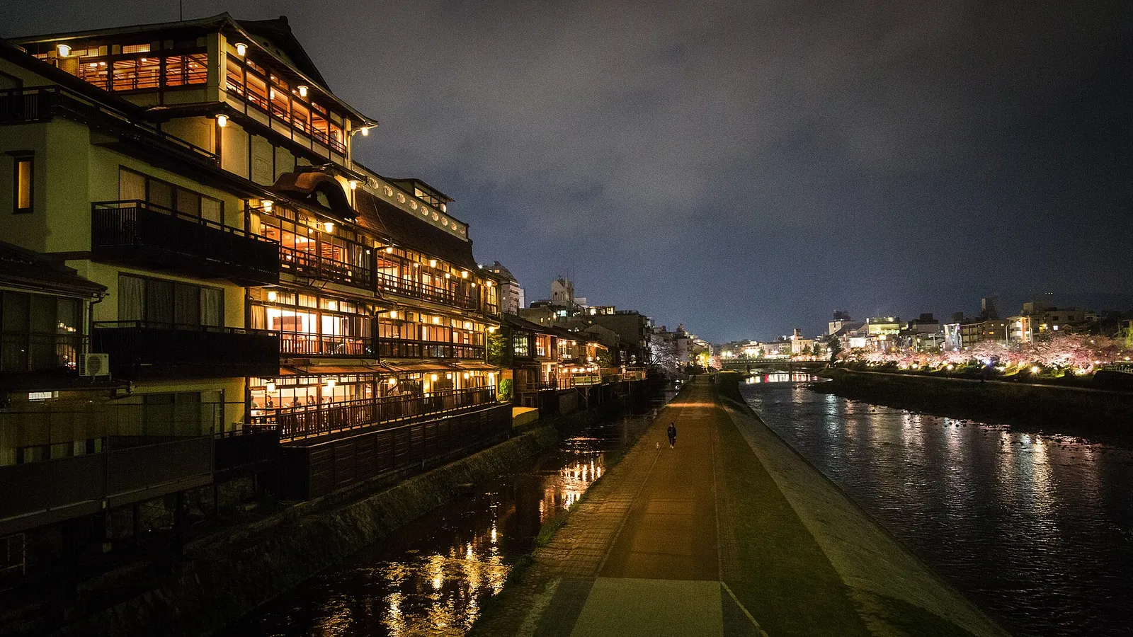 Lit restaurants along the Kamo at night
